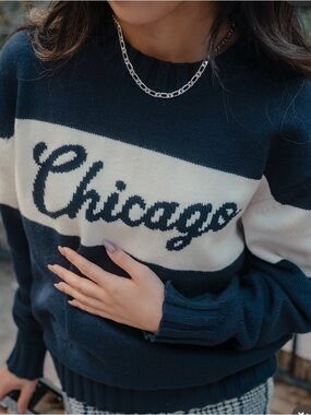 Chicago Script Block Stripe Sweater - Navy & Cream